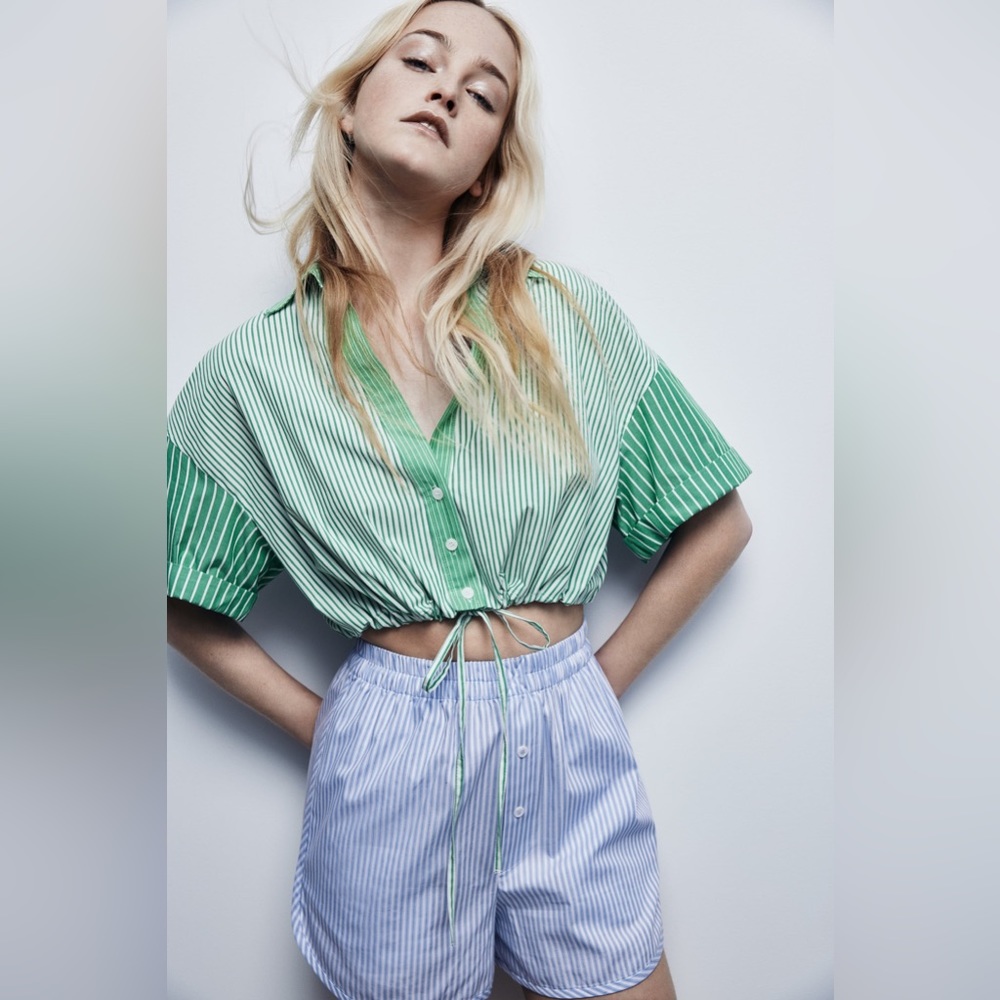 Zara Contrast Striped Poplin Short Sleeve Crop Top
